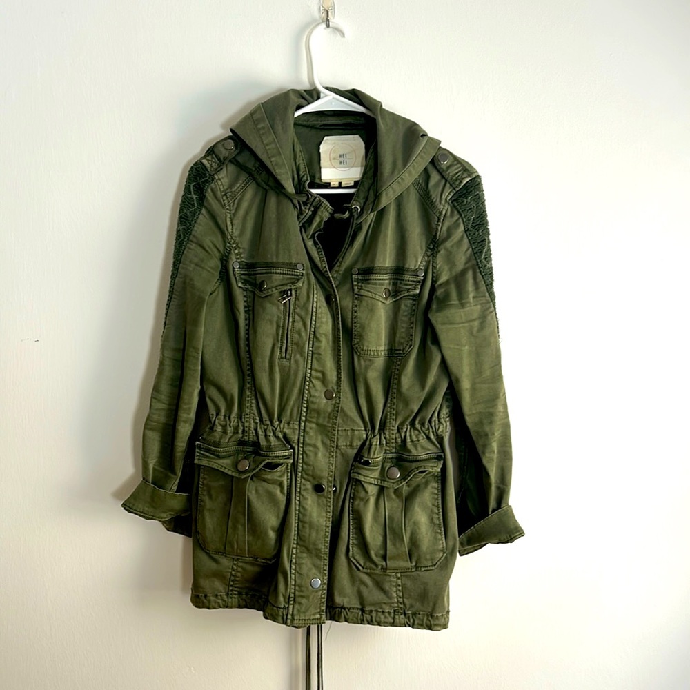 Anthropologie, army green, drawstring waist jacket with embroidered sleeves, M